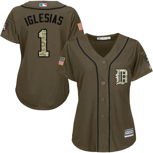 Tigers #1 Jose Iglesias Green Salute to Service Women's Stitched MLB Jersey - Click Image to Close